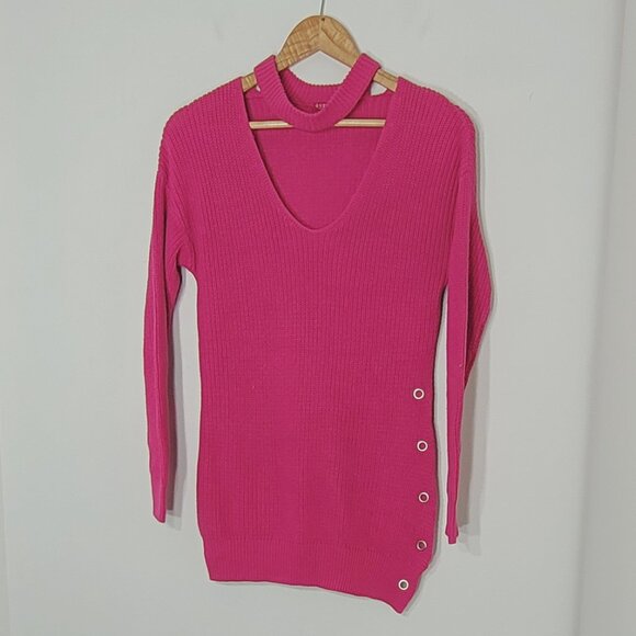 Guess Pink Cotton Blend Long Sleeve Ribbed Knit Pullover Sweater Open Side Tie S - Picture 1 of 12